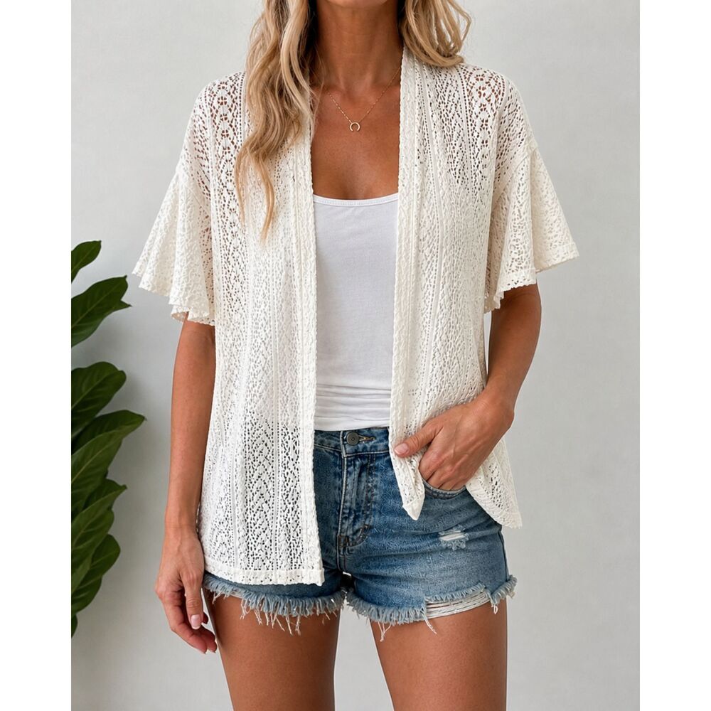 True Craft White Sz L Open Front Kimono Cardigan Boho Flutter Sleeve Top 1345H